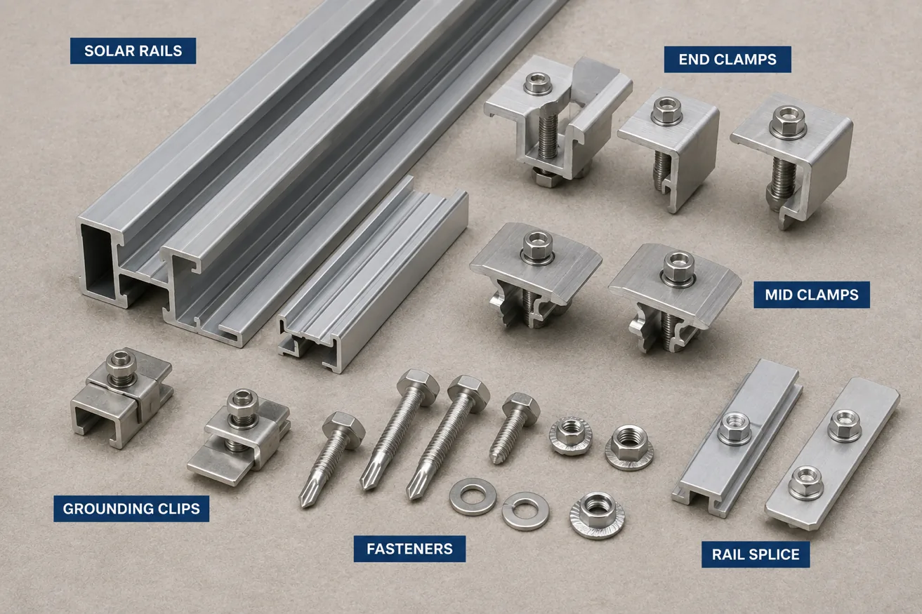 Solar rails mid clamps end clamps and fasteners supplier India